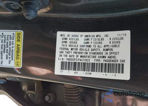 2015 Honda Accord Sport from USA, damaged, VIN 1HGCR2F57FA070620